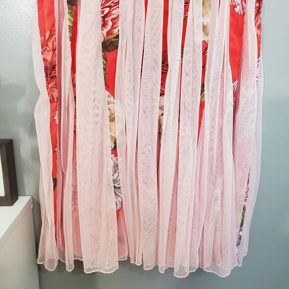 ASOS Dress Womens Petite Size 2 Red Floral Mesh Insert Fit and Flare Midi New - Picture 8 of 14